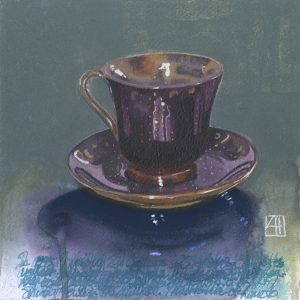 High tea ‘Coffee in Rio Gallegos' mixed media on paper 21x21cm by Louise Hennigs